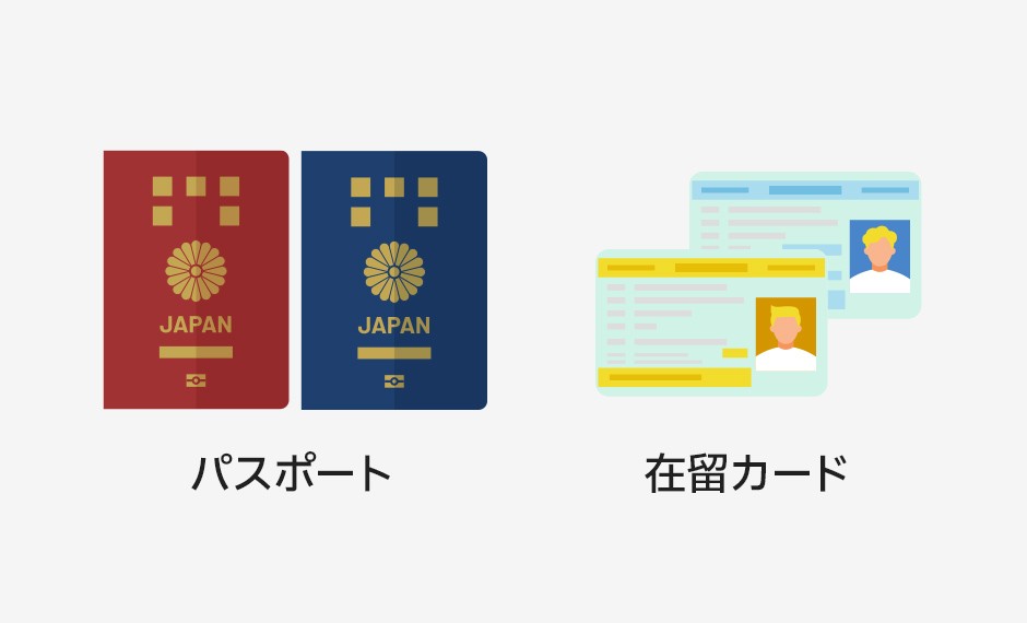 本人確認書類の例として、パスポートと在留カードの写真が並んで表示されている。